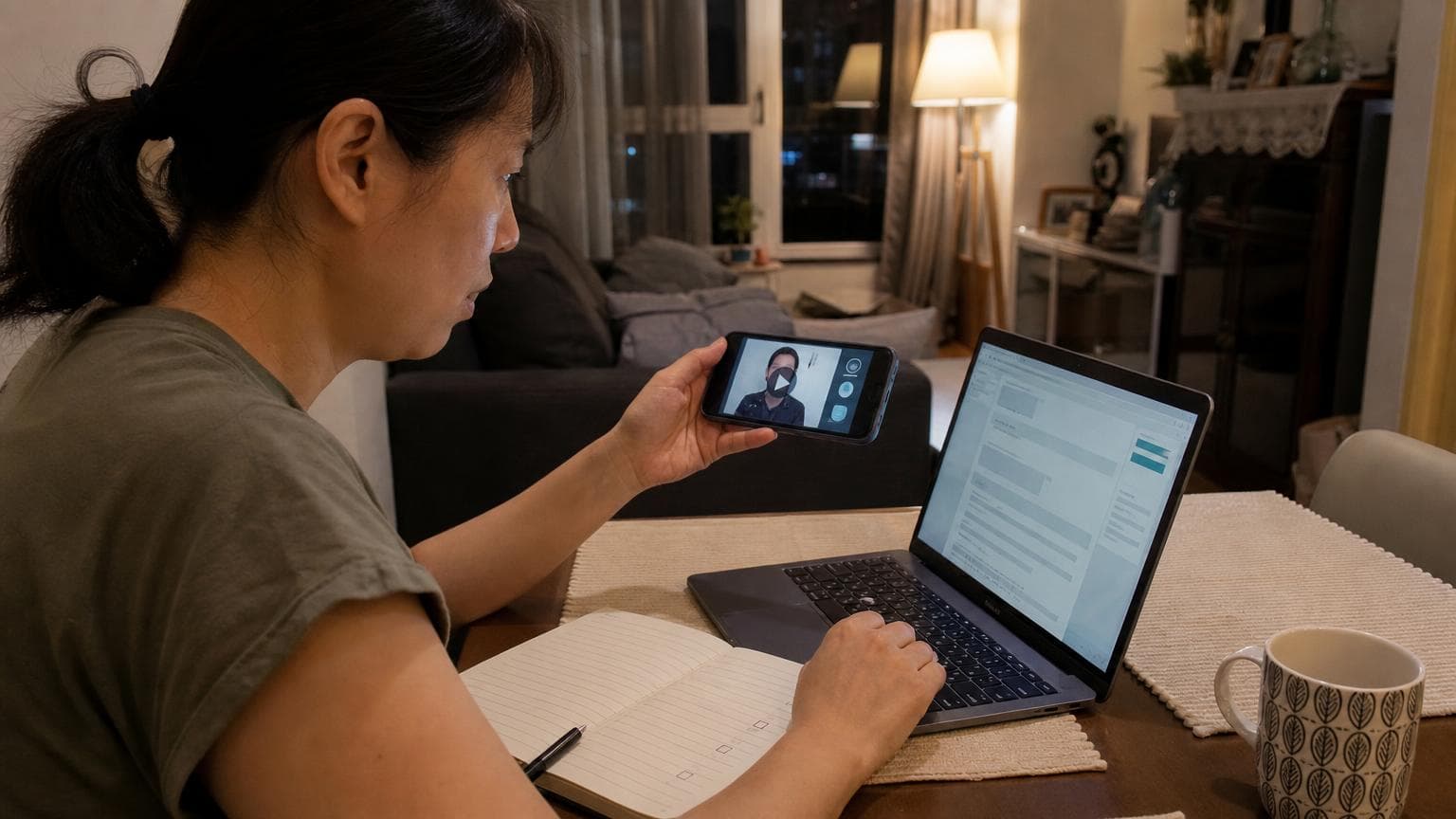 臺灣民眾在客廳用 iPhone 查證疑似 AI 深偽冒名廣告的示意情境照，非真實詐騙案件或受害者